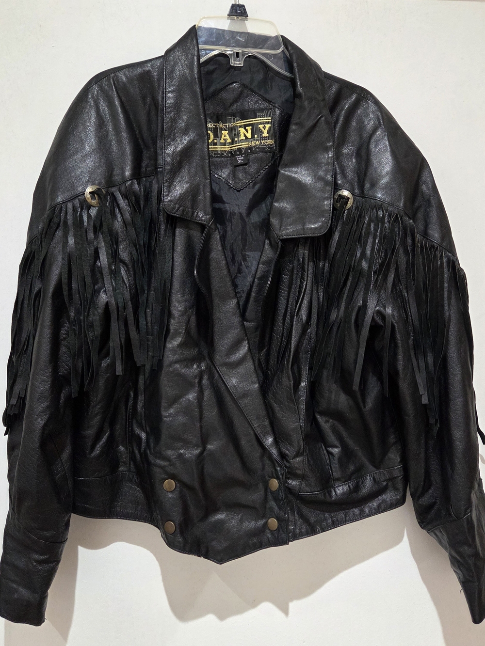 Vtg Black Leather Fringe Jacket